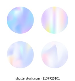 Gradient round set with holographic mesh. Stylish abstract gradient round set backdrops. 90s, 80s retro style. Pearlescent graphic template for banner, flyer, cover, mobile interface, web app.