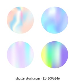 Gradient round set with holographic mesh. Colorful abstract gradient round set backdrops. 90s, 80s retro style. Iridescent graphic template for banner, flyer, cover, mobile interface, web app.