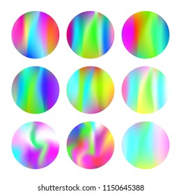Gradient round set with holographic mesh. Stylish abstract gradient round set backdrops. 90s, 80s retro style. Iridescent graphic template for brochure, flyer, poster, wallpaper, mobile screen.