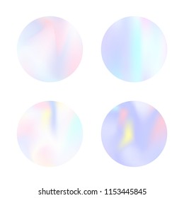 Gradient round set with holographic mesh. Colorful abstract gradient round set backdrops. 90s, 80s retro style. Iridescent graphic template for brochure, flyer, poster, wallpaper, mobile screen.