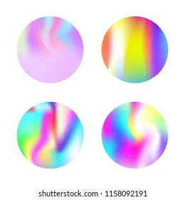 Gradient round set with holographic mesh. Multicolor abstract gradient round set backdrops. 90s, 80s retro style. Pearlescent graphic template for banner, flyer, cover, mobile interface, web app.