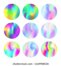 Gradient round set with holographic mesh. Liquid abstract gradient round set backdrops. 90s, 80s retro style. Pearlescent graphic template for brochure, flyer, poster, wallpaper, mobile screen.