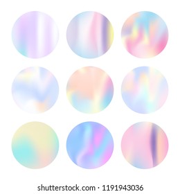 Gradient round set with holographic mesh. Futuristic abstract gradient round set backdrops. 90s, 80s retro style. Pearlescent graphic template for banner, flyer, cover, mobile interface, web app.