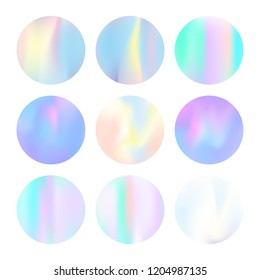 Gradient round set with holographic mesh. Futuristic abstract gradient round set backdrops. 90s, 80s retro style. Pearlescent graphic template for banner, flyer, cover, mobile interface, web app.