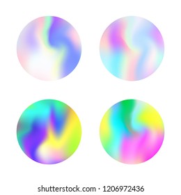 Gradient round set with holographic mesh. Trendy abstract gradient round set backdrops. 90s, 80s retro style. Pearlescent graphic template for brochure, flyer, poster, wallpaper, mobile screen.