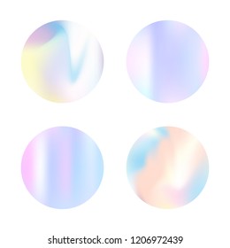 Gradient round set with holographic mesh. Plastic abstract gradient round set backdrops. 90s, 80s retro style. Iridescent graphic template for banner, flyer, cover, mobile interface, web app.