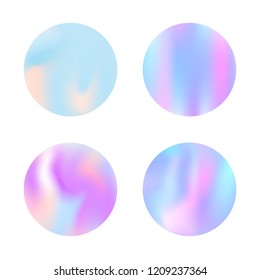 Gradient round set with holographic mesh. Trendy abstract gradient round set backdrops. 90s, 80s retro style. Iridescent graphic template for brochure, flyer, poster, wallpaper, mobile screen.