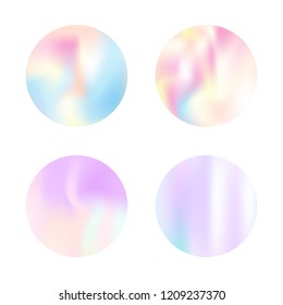 Gradient round set with holographic mesh. Stylish abstract gradient round set backdrops. 90s, 80s retro style. Pearlescent graphic template for brochure, flyer, poster, wallpaper, mobile screen.