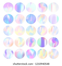 Gradient round set with holographic mesh. Liquid abstract gradient round set backdrops. 90s, 80s retro style. Pearlescent graphic template for brochure, flyer, poster, wallpaper, mobile screen.
