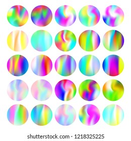 Gradient round set with holographic mesh. Trendy abstract gradient round set backdrops. 90s, 80s retro style. Pearlescent graphic template for banner, flyer, cover, mobile interface, web app.