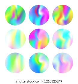 Gradient round set with holographic mesh. Multicolor abstract gradient round set backdrops. 90s, 80s retro style. Iridescent graphic template for brochure, flyer, poster, wallpaper, mobile screen.