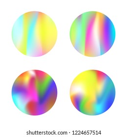 Gradient round set with holographic mesh. Colorful abstract gradient round set backdrops. 90s, 80s retro style. Pearlescent graphic template for banner, flyer, cover, mobile interface, web app.