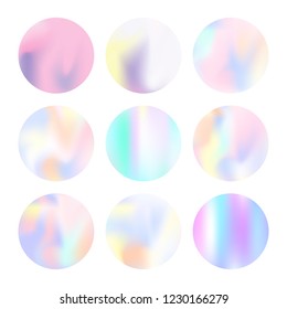 Gradient round set with holographic mesh. Minimal abstract gradient round set backdrops. 90s, 80s retro style. Pearlescent graphic template for banner, flyer, cover, mobile interface, web app.