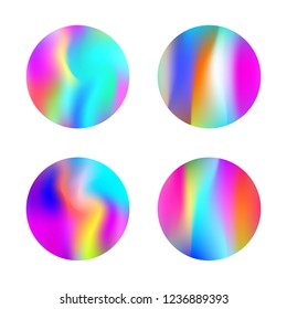 Gradient round set with holographic mesh. Trendy abstract gradient round set backdrops. 90s, 80s retro style. Pearlescent graphic template for brochure, flyer, poster, wallpaper, mobile screen.