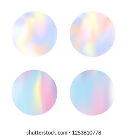 Gradient round set with holographic mesh. Liquid abstract gradient round set backdrops. 90s, 80s retro style. Pearlescent graphic template for banner, flyer, cover, mobile interface, web app.