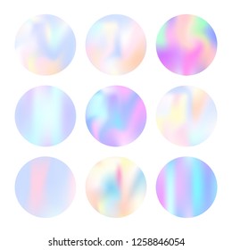 Gradient round set with holographic mesh. Stylish abstract gradient round set backdrops. 90s, 80s retro style. Pearlescent graphic template for brochure, flyer, poster, wallpaper, mobile screen.