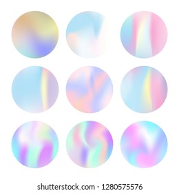 Gradient round set with holographic mesh. Minimal abstract gradient round set backdrops. 90s, 80s retro style. Pearlescent graphic template for brochure, flyer, poster, wallpaper, mobile screen.