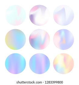 Gradient round set with holographic mesh. Stylish abstract gradient round set backdrops. 90s, 80s retro style. Pearlescent graphic template for banner, flyer, cover, mobile interface, web app.