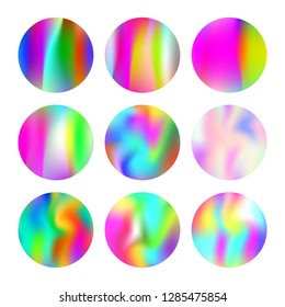 Gradient round set with holographic mesh. Plastic abstract gradient round set backdrops. 90s, 80s retro style. Pearlescent graphic template for banner, flyer, cover, mobile interface, web app.