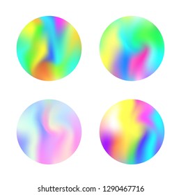 Gradient round set with holographic mesh. Minimal abstract gradient round set backdrops. 90s, 80s retro style. Iridescent graphic template for brochure, flyer, poster, wallpaper, mobile screen.