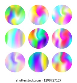 Gradient round set with holographic mesh. Minimal abstract gradient round set backdrops. 90s, 80s retro style. Pearlescent graphic template for brochure, flyer, poster, wallpaper, mobile screen.