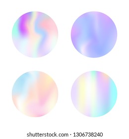 Gradient round set with holographic mesh. Trendy abstract gradient round set backdrops. 90s, 80s retro style. Iridescent graphic template for banner, flyer, cover, mobile interface, web app.