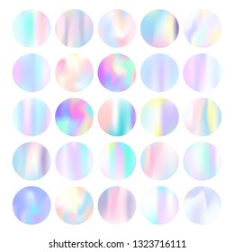 Gradient round set with holographic mesh. Liquid abstract gradient round set backdrops. 90s, 80s retro style. Pearlescent graphic template for brochure, flyer, poster, wallpaper, mobile screen.