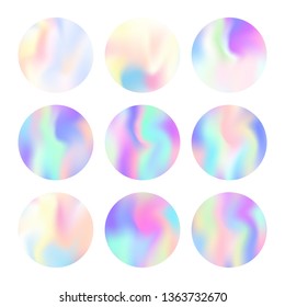 Gradient round set with holographic mesh. Colorful abstract gradient round set backdrops. 90s, 80s retro style. Iridescent graphic template for banner, flyer, cover, mobile interface, web app.