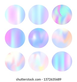 Gradient round set with holographic mesh. Minimal abstract gradient round set backdrops. 90s, 80s retro style. Iridescent graphic template for banner, flyer, cover, mobile interface, web app.