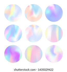 Gradient round set with holographic mesh. Minimal abstract gradient round set backdrops. 90s, 80s retro style. Iridescent graphic template for banner, flyer, cover, mobile interface, web app.
