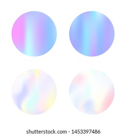 Gradient round set with holographic mesh. Plastic abstract gradient round set backdrops. 90s, 80s retro style. Iridescent graphic template for brochure, flyer, poster, wallpaper, mobile screen.