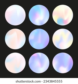 Gradient round set with holographic mesh. Abstract hologram. Bright gradient round set. Minimalistic 90s, 80s retro style graphic template for placard, presentation, banner, brochure.