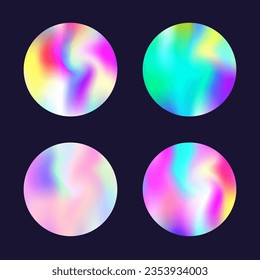 Gradient round set with holographic mesh. Abstract hologram. Vibrant gradient round set. Minimalistic 90s, 80s retro style graphic template for placard, presentation, banner, brochure.