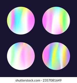 Gradient round set with holographic mesh. Abstract hologram. Iridescent gradient round set. Minimalistic 90s, 80s retro style graphic template for placard, presentation, banner, brochure.