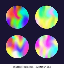 Gradient round set with holographic mesh. Abstract hologram. Multicolor gradient round set. Minimalistic 90s, 80s retro style graphic template for placard, presentation, banner, brochure.