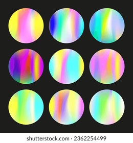 Gradient round set with holographic mesh. Abstract hologram. Pearlescent gradient round set. Minimalistic 90s, 80s retro style graphic template for brochure, banner, wallpaper, mobile screen.