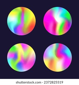 Gradient round set with holographic mesh. Abstract hologram. Multicolor gradient round set. Minimalistic 90s, 80s retro style graphic template for placard, presentation, banner, brochure.