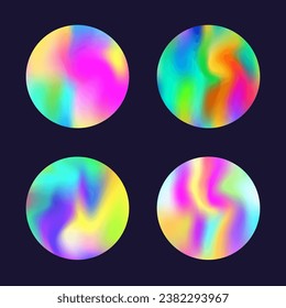Gradient round set with holographic mesh. Abstract hologram. Spectrum gradient round set. Minimalistic 90s, 80s retro style graphic template for flyer, poster, banner, mobile app.
