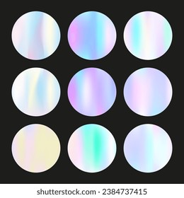 Gradient round set with holographic mesh. Abstract hologram. Spectrum gradient round set. Minimalistic 90s, 80s retro style graphic template for flyer, poster, banner, mobile app.