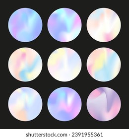 Gradient round set with holographic mesh. Abstract hologram. Retro gradient round set. Minimalistic 90s, 80s retro style graphic template for brochure, banner, wallpaper, mobile screen.