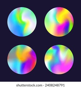 Gradient round set with holographic mesh. Abstract hologram. Stylish gradient round set. Minimalistic 90s, 80s retro style graphic template for flyer, poster, banner, mobile app.