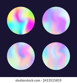 Gradient round set with holographic mesh. Abstract hologram. Fluorescent gradient round set. Minimalistic 90s, 80s retro style graphic template for placard, presentation, banner, brochure.