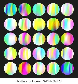 Conjunto de redondeo degradado con malla holográfica. Holograma abstracto. Conjunto de redondeo de gradiente multicolor. Plantilla gráfica minimalista de 90, 80 estilo retro para libro, anual, interfaz móvil, aplicación web.