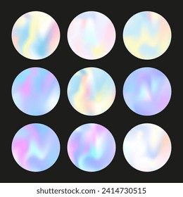 Gradient round set with holographic mesh. Abstract hologram. Stylish gradient round set. Minimalistic 90s, 80s retro style graphic template for book, annual, mobile interface, web app.