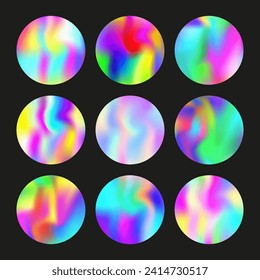 Conjunto de redondeo degradado con malla holográfica. Holograma abstracto. Conjunto redondeado de gradiente brillante. Plantilla gráfica minimalista de 90, 80 estilo retro para volante, afiche, banner, aplicación móvil.