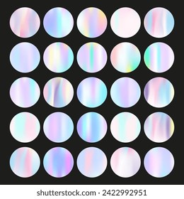 Rundsatz mit holografischem Maschen. Abstraktes Hologramm. Runde des Farbverlaufs rückwärts. Minimalistische 90er, 80er Jahre retro-grafische Vorlage für Broschüren, Banner, Bildschirmhintergründe, mobile Bildschirme.