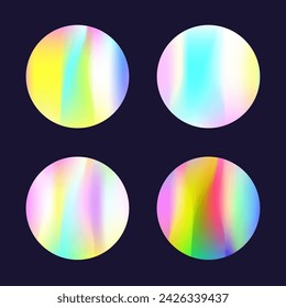 Gradient round set with holographic mesh. Abstract hologram. Futuristic gradient round set. Minimalistic 90s, 80s retro style graphic template for book, annual, mobile interface, web app.