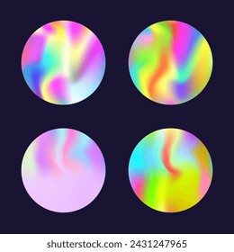 Gradient round set with holographic mesh. Abstract hologram. Creative gradient round set. Minimalistic 90s, 80s retro style graphic template for book, annual, mobile interface, web app.