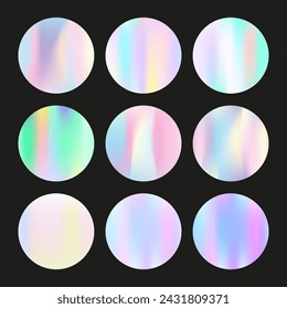 Gradient round set with holographic mesh. Abstract hologram. Hipster gradient round set. Minimalistic 90s, 80s retro style graphic template for flyer, poster, banner, mobile app.