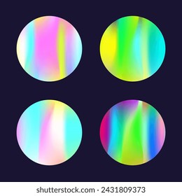 Gradient round set with holographic mesh. Abstract hologram. Hipster gradient round set. Minimalistic 90s, 80s retro style graphic template for brochure, banner, wallpaper, mobile screen.